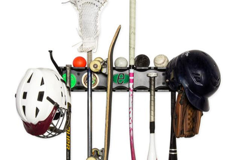Holds hockey, lacrosse, floorball and field hockey sticks, baseball bats, balls, pucks, tape and more.